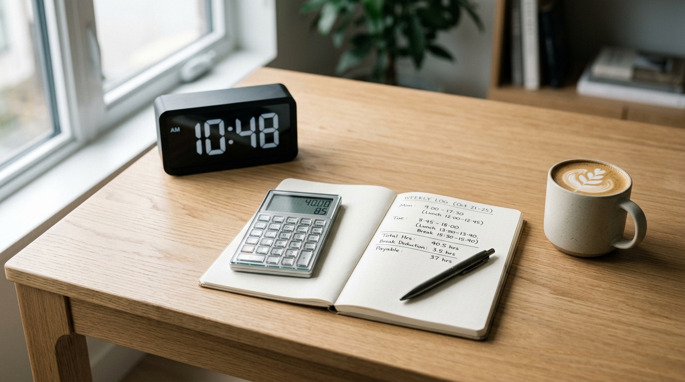 Schreibtisch mit Taschenrechner, Notizblock für Arbeitszeitberechnung und Kaffeetasse