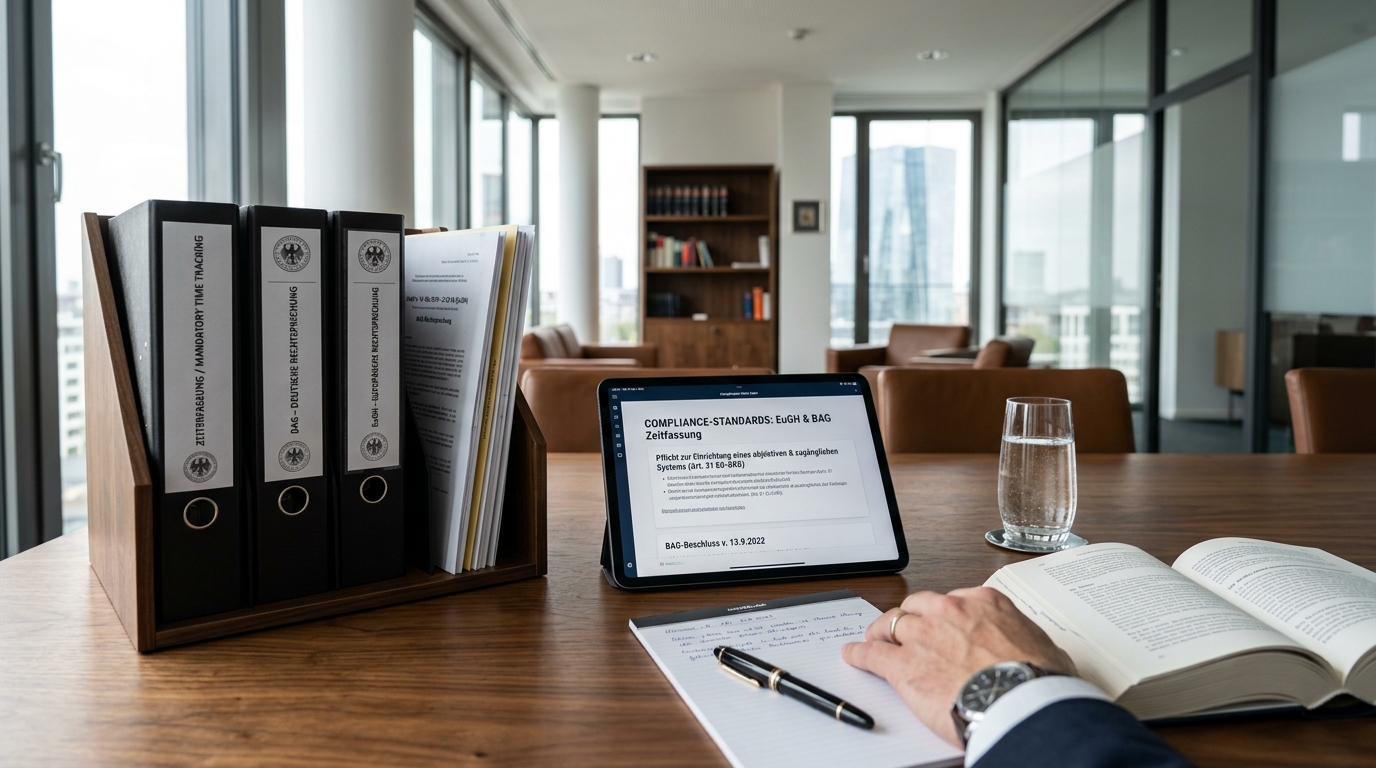 Juristische Fachliteratur und digitales Tablet mit Zeiterfassungssystem