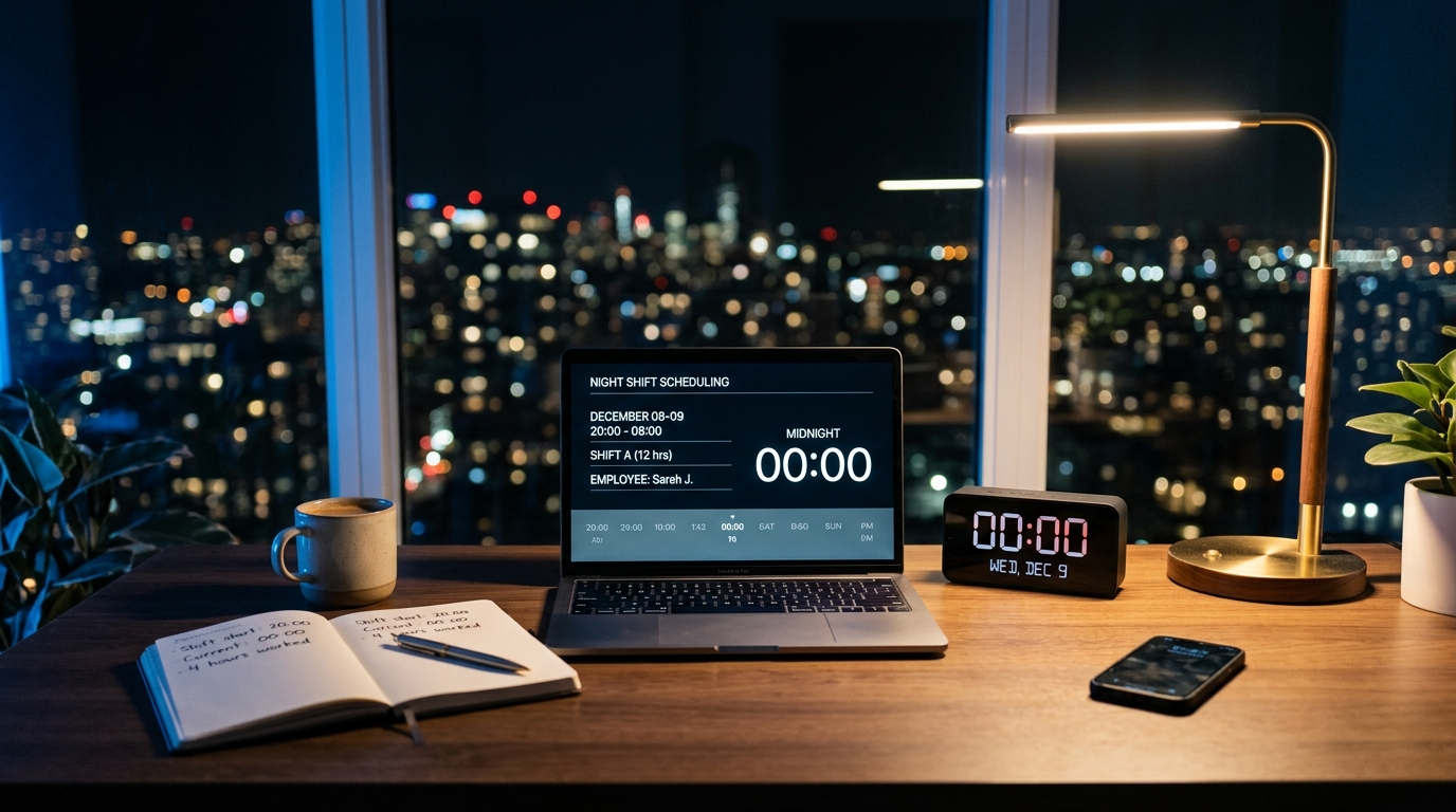Nachtschicht Arbeitsplatz mit beleuchtetem Monitor und digitaler Uhranzeige um Mitternacht