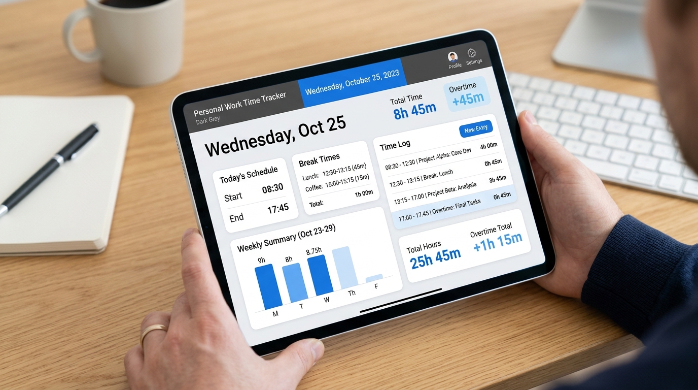Digitaler Stundenzettel und Zeiterfassungsnachweis auf dem Tablet