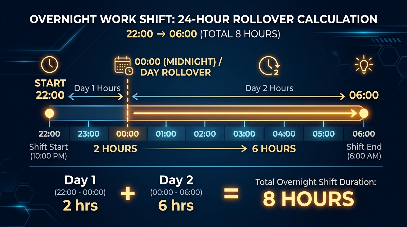 Nachtschicht Arbeitszeitberechnung über Mitternacht mit 24-Stunden-Rollover