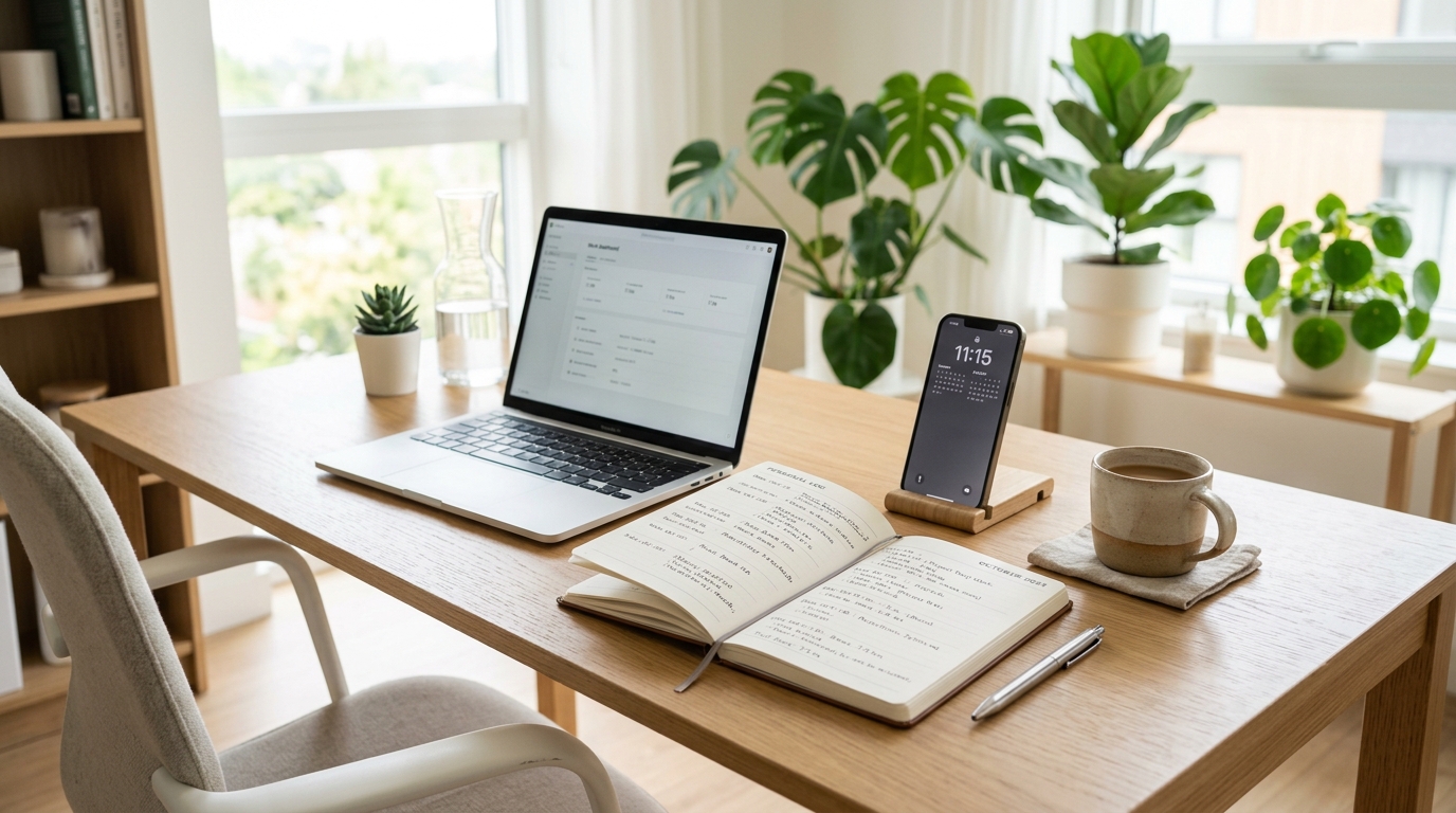 Arbeitsplatz im Homeoffice mit Laptop und persönlichem Arbeitszeitnotizbuch
